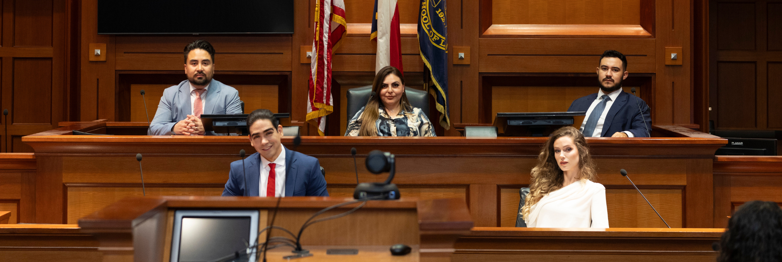 Students in the mock trial law classroom.