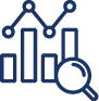 A line and bar graph behind a magnified glass icon